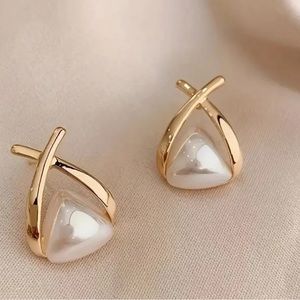 Elegant Hollow Triangle Stud Earrings With Imitation Pearl Design